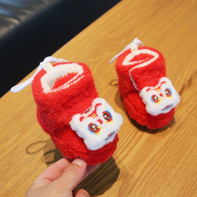 童泰巴拉大红色婴儿棉鞋秋冬0-1岁过年周岁满月加绒厚学步鞋防滑