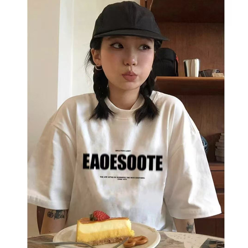 ins国潮牌纯棉短袖t恤女2025夏季设计感小众宽松白色正肩体恤上衣