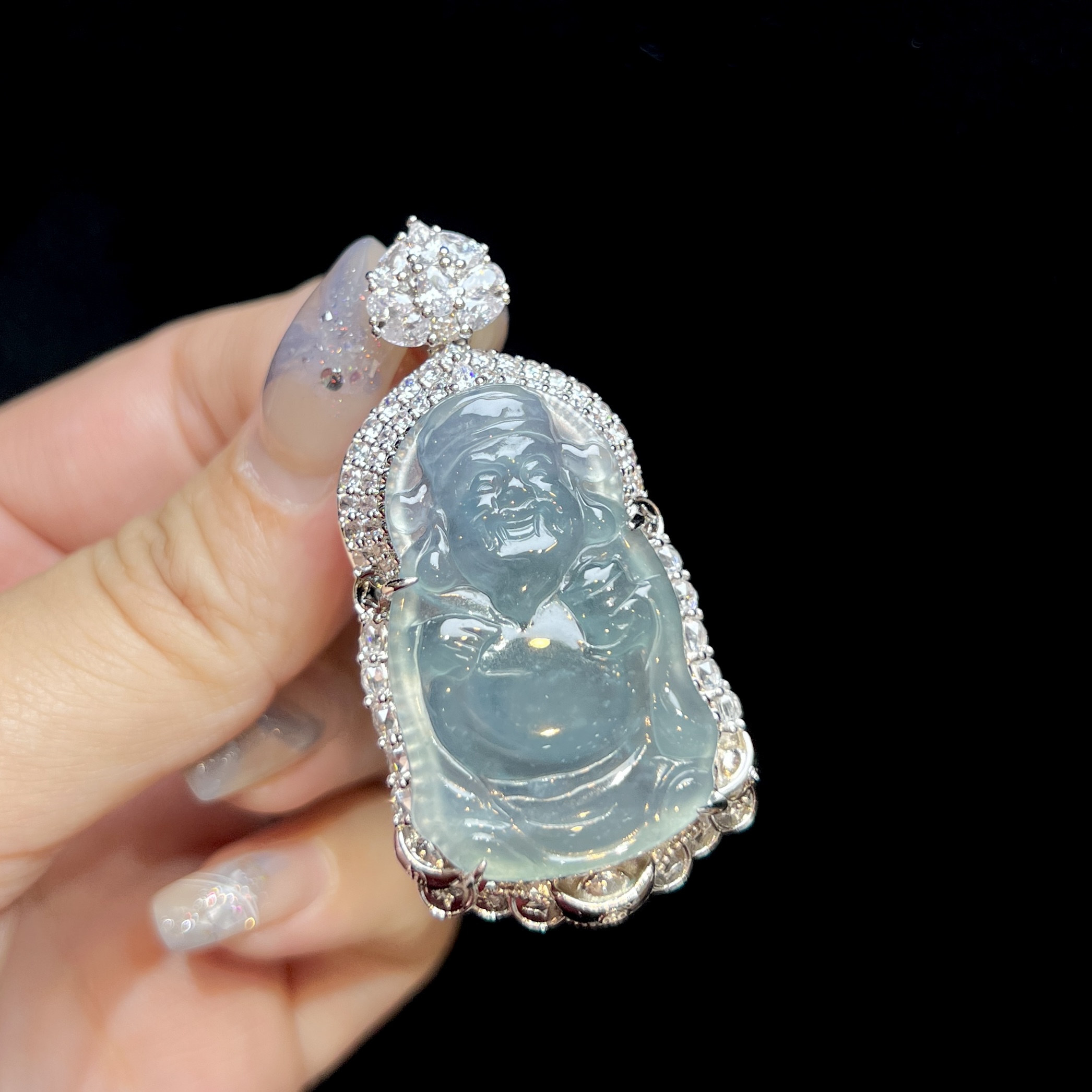 【红旭明玉】天然翡翠A货蓝水财神吊坠 多样性发一件