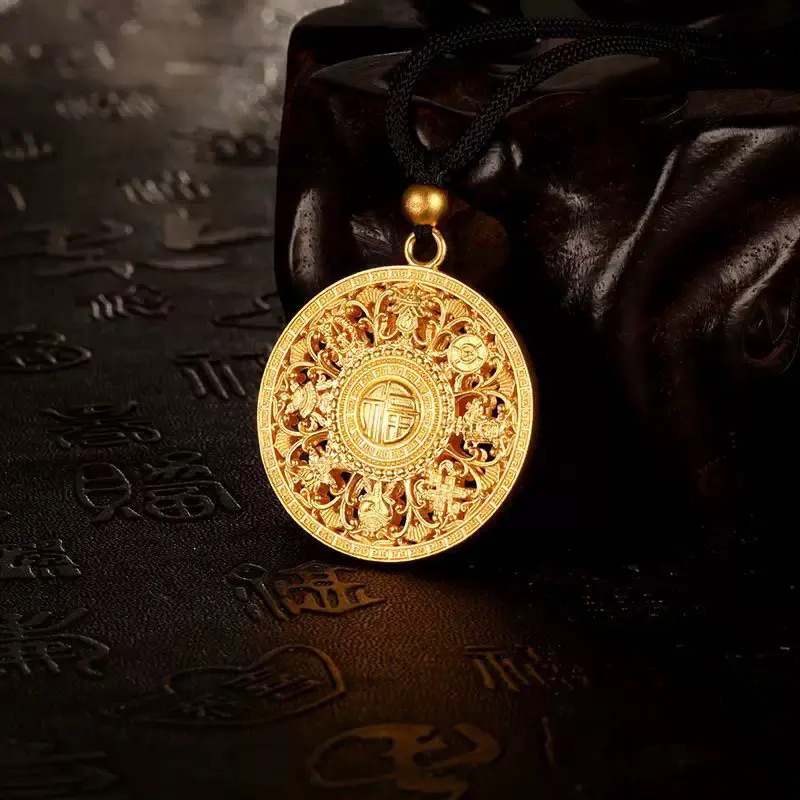 铜合金布艺项链 八宝罗盘  新中式  万福镂空 转运罗盘项链 