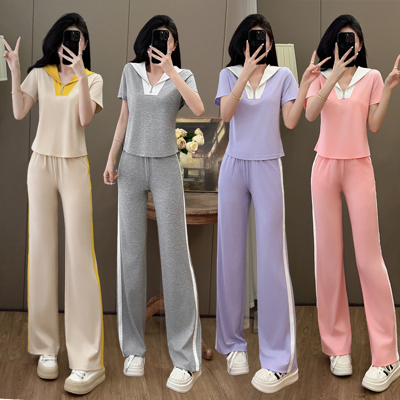 大翻领短袖运动服套装女夏季2025年新款显瘦阔腿裤女装减龄两件套