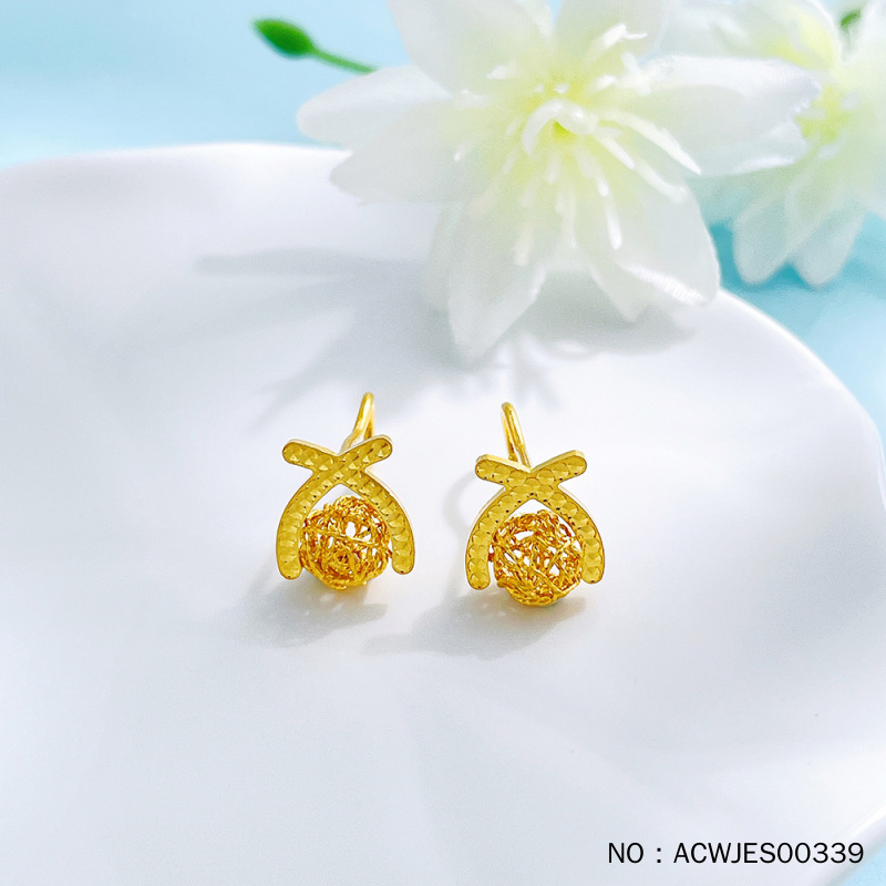 足金999 五9黄金空心车花绕线圆珠几何交叉耳饰耳钉（弯钩弯