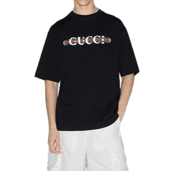 全新未使用 GUCCI/古驰 字母logo印花25ss短袖男女同款黑色