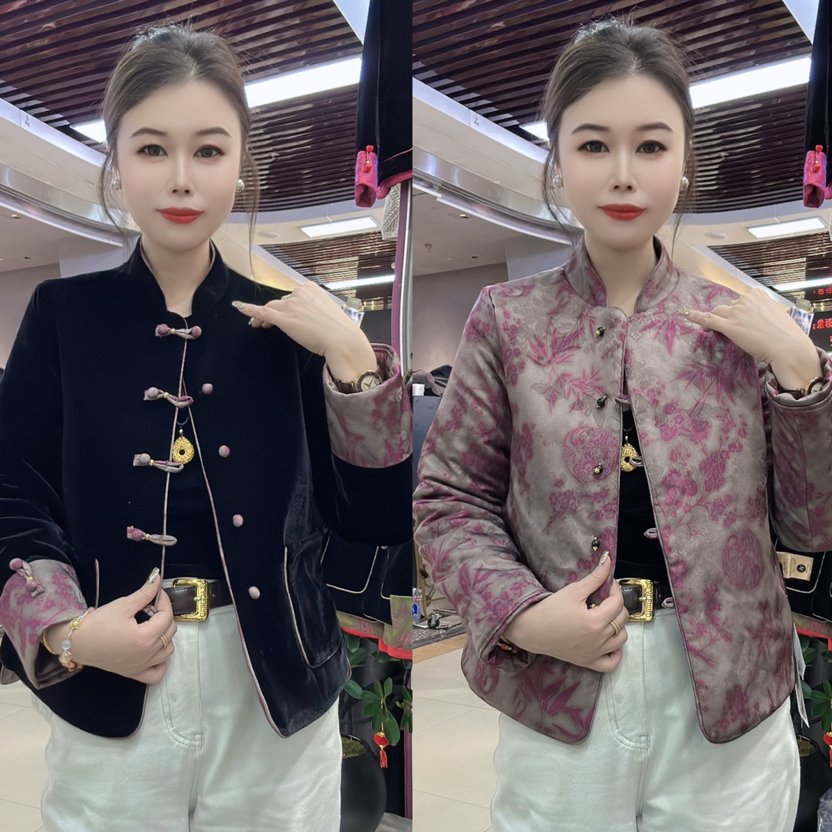 8252冬季新款立领盘扣双面穿新中式国风短款上衣外套复古时尚显瘦