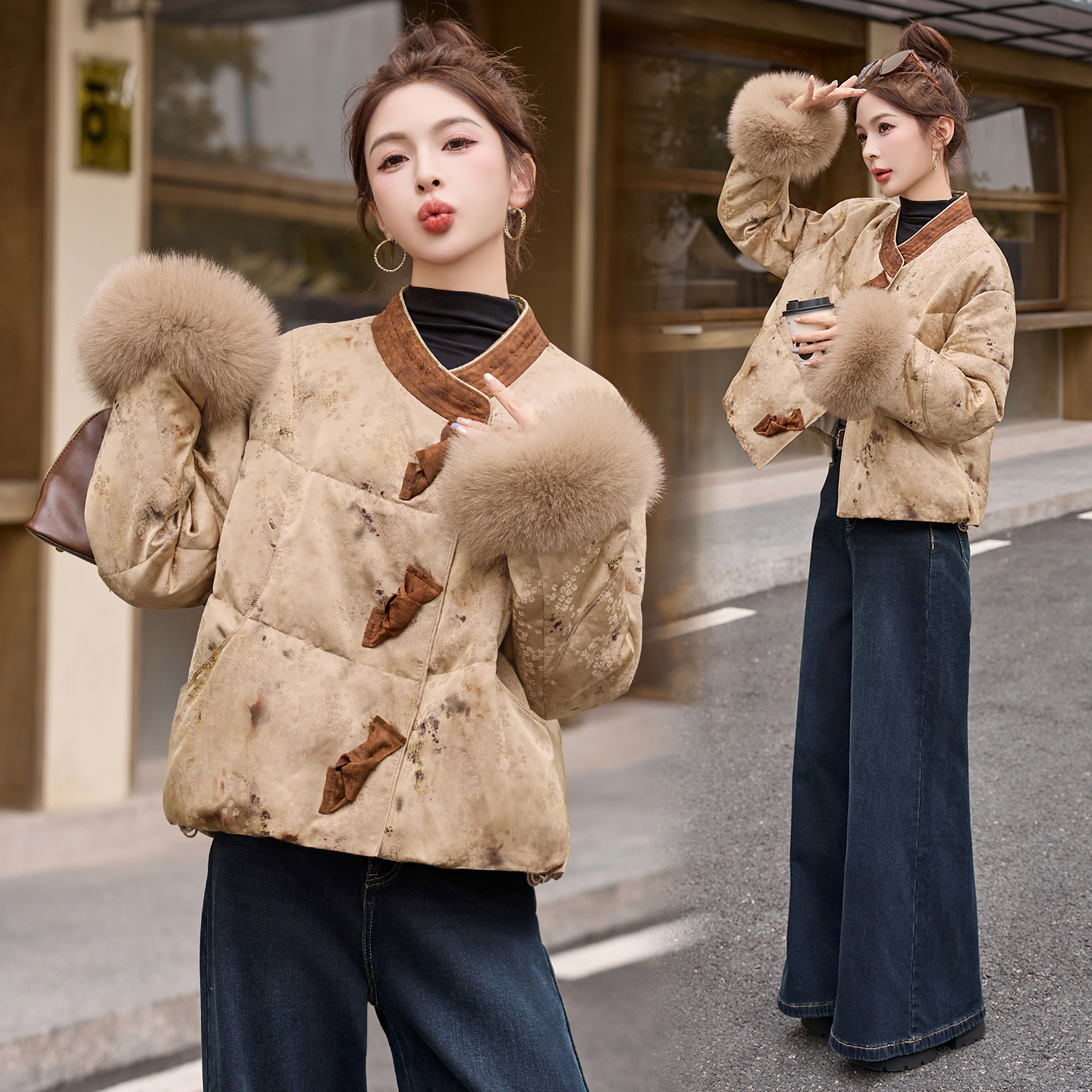 新中式国风羽绒服女2025冬季小个子高级感复古提花拼接白鸭绒外套