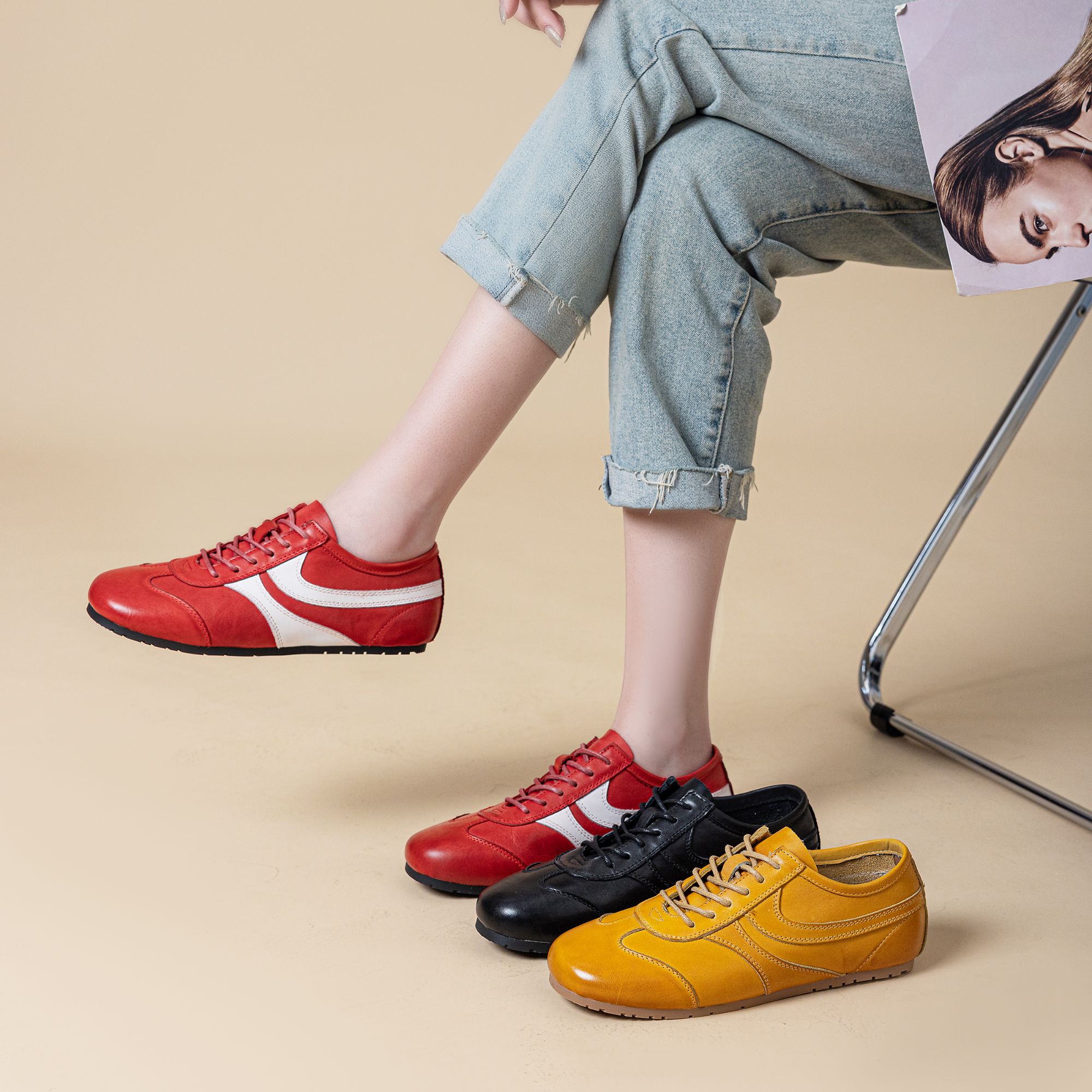 水洗马皮真皮复古百搭德训鞋女平底休闲运动阿甘鞋2502