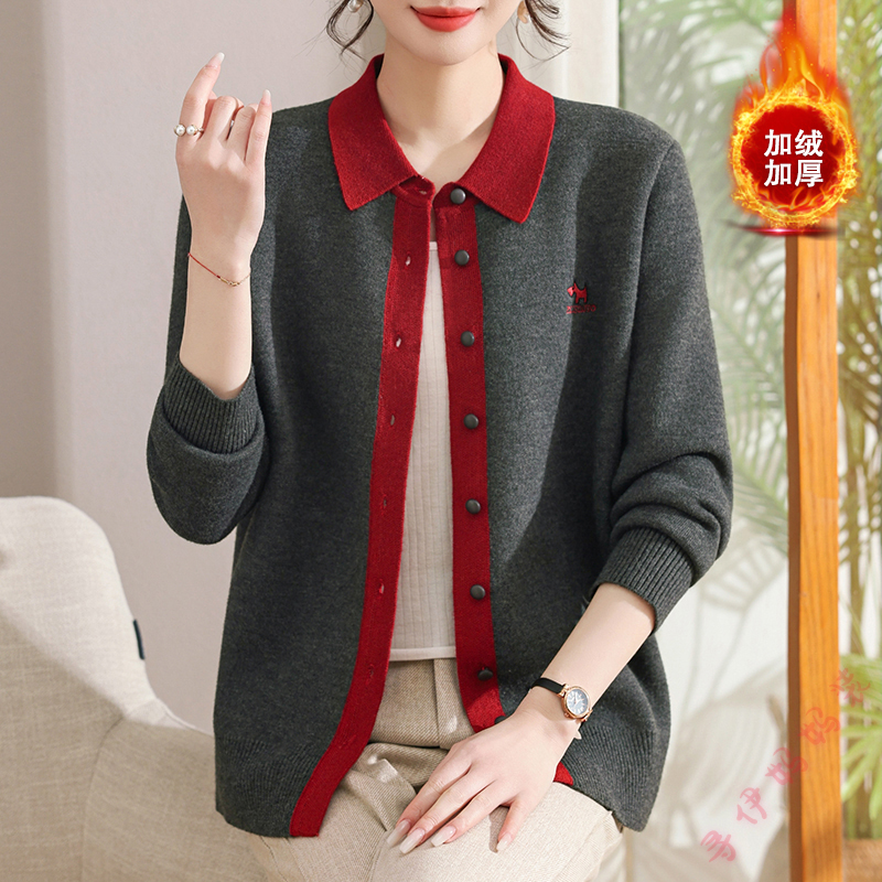 新款时尚冬季妈妈装针织一体绒翻领开衫中年女装洋气加绒保暖外套