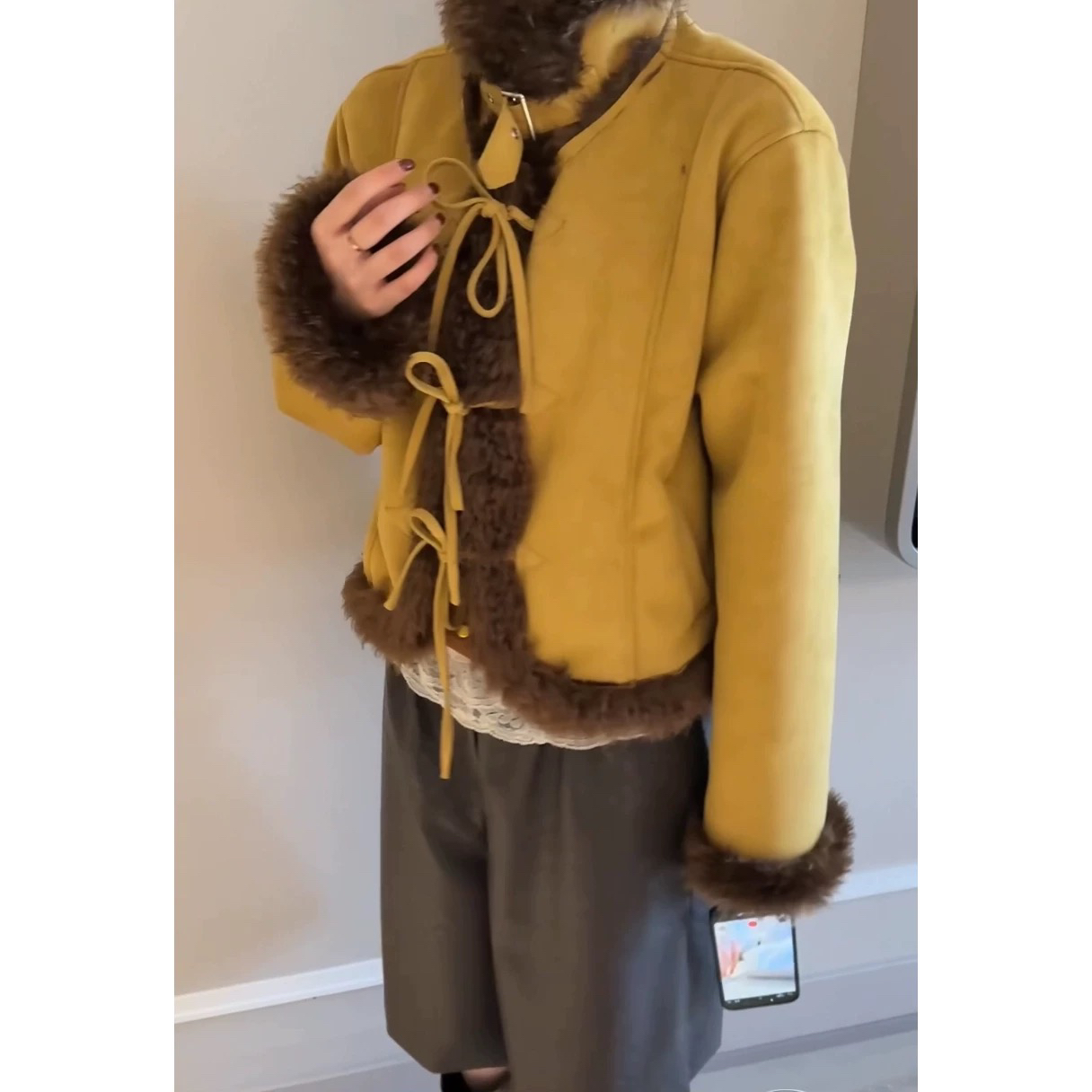 冬季立领短外套女加绒加厚麂皮绒复古通勤保暖拼接长袖上衣