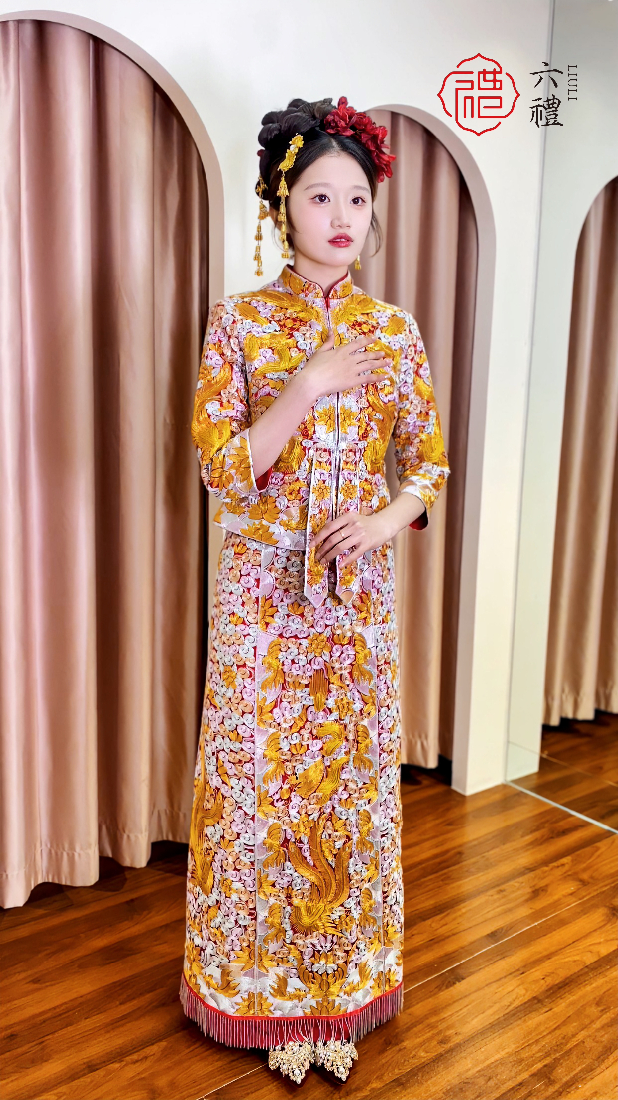 六礼手推绣金鱼褂后小褂皇龙凤褂(请来门店量三围定做)新娘中式