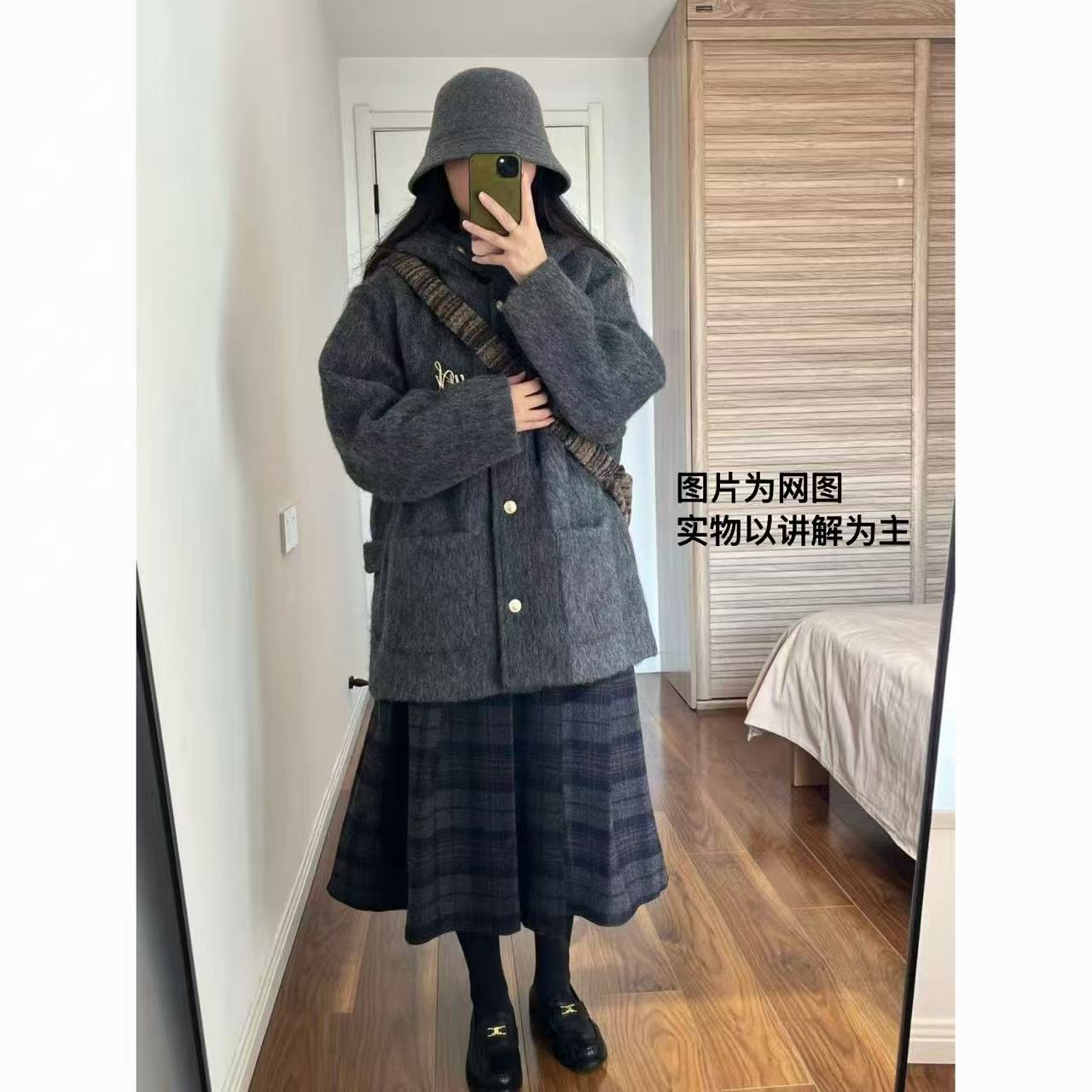 冬季日系学院风减龄灰色毛呢外套复古百搭半身裙小个子两件套装