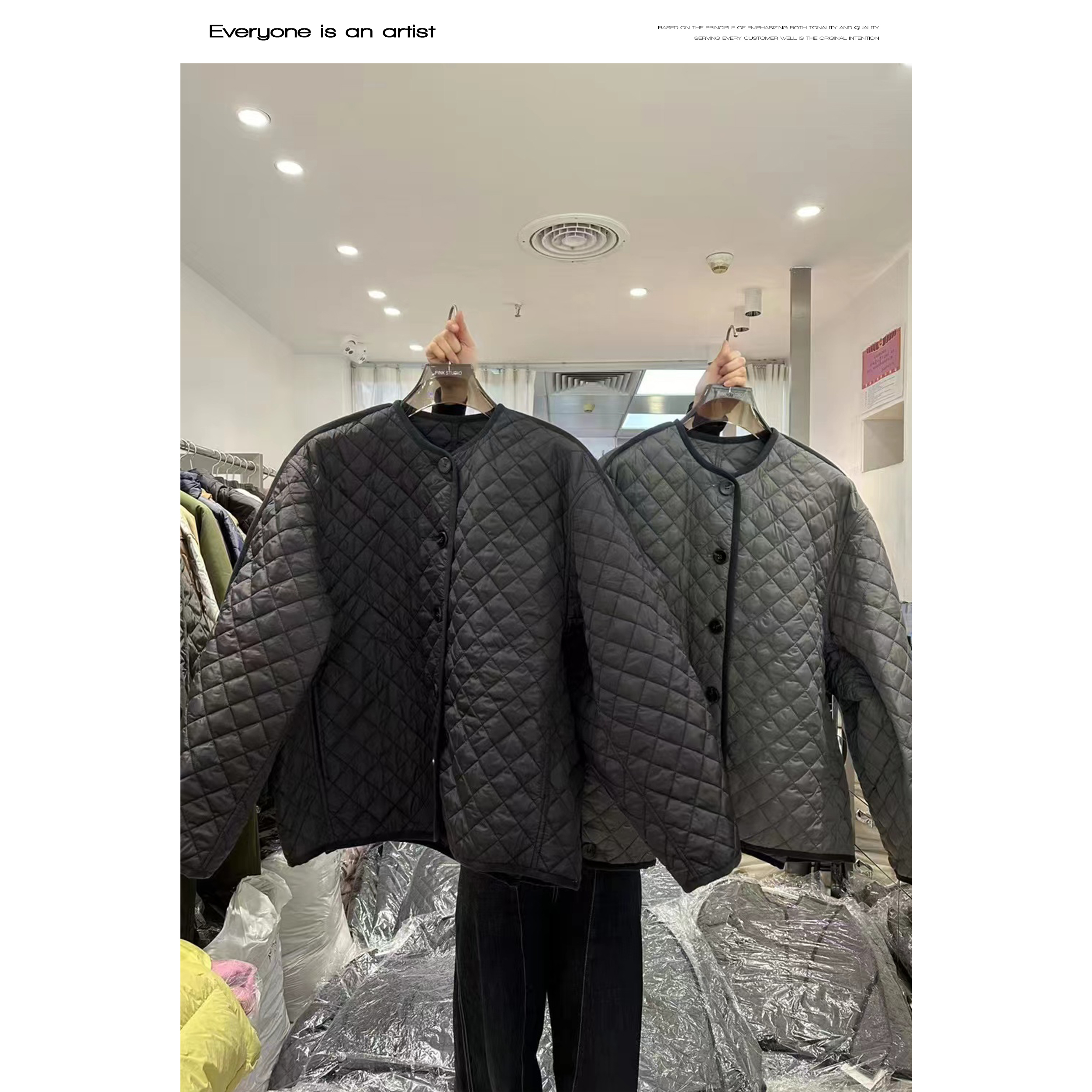 88100圆领菱形格棉衣外套宽松休闲冬款