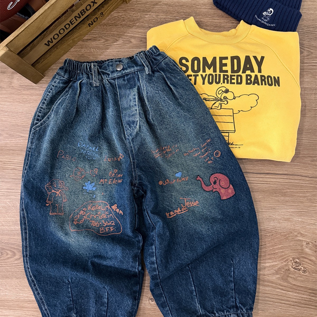 【QB】2025冬季新款小象儿童个性卡通加绒阔腿牛仔裤时尚休闲