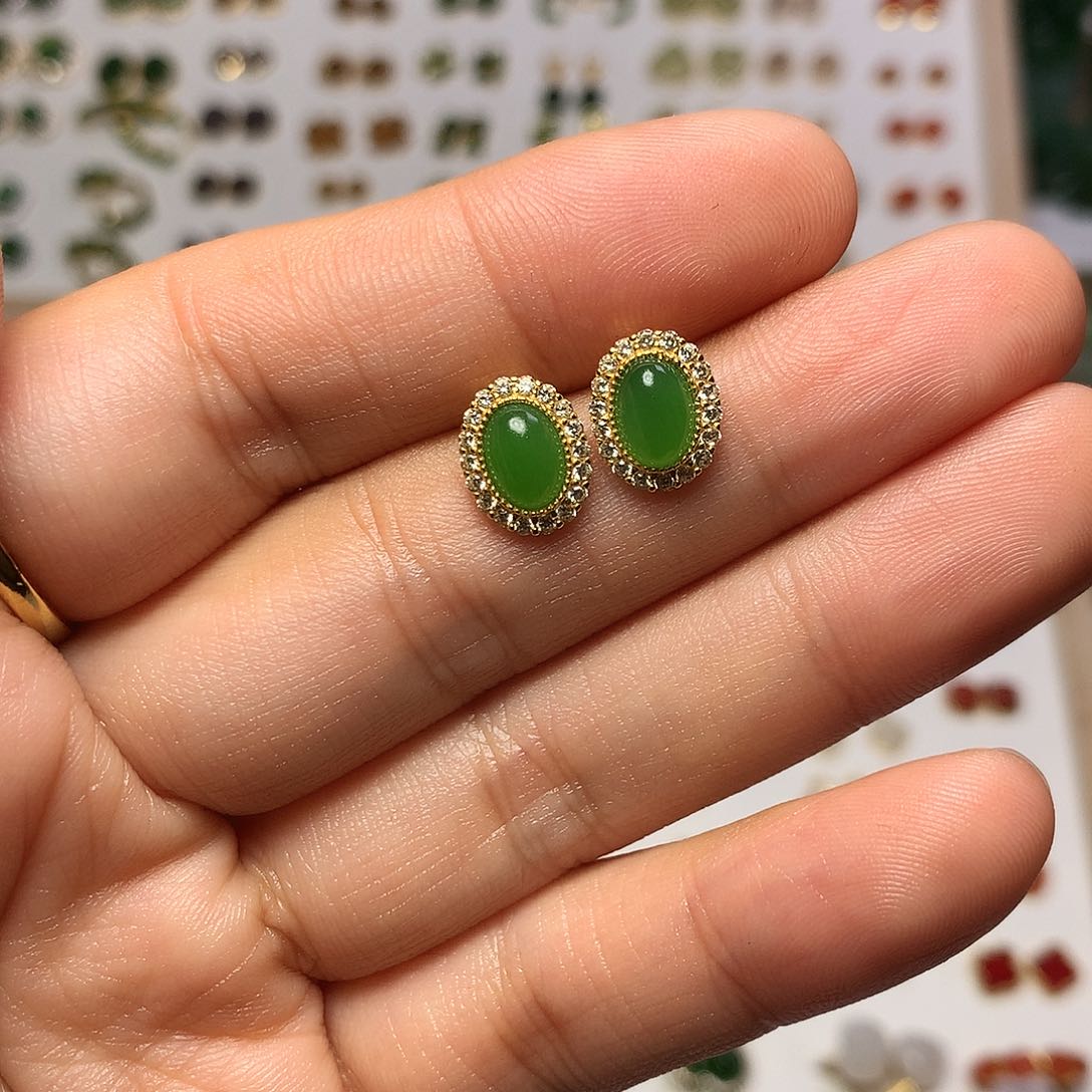 银S925镀金镶嵌和田玉（碧玉）耳饰