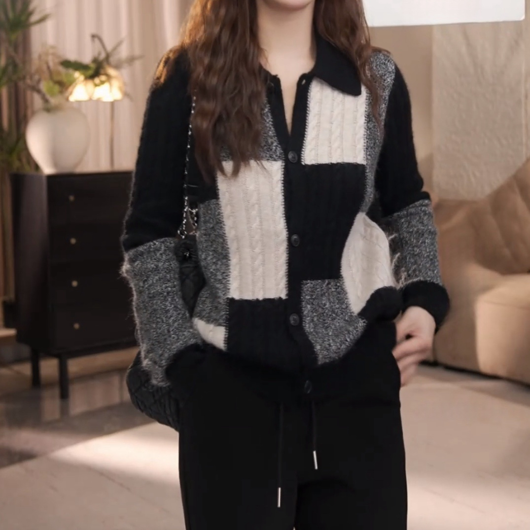 韩版复古格子长袖针织开衫女冬季新款时尚设计感气质显瘦百搭毛衣