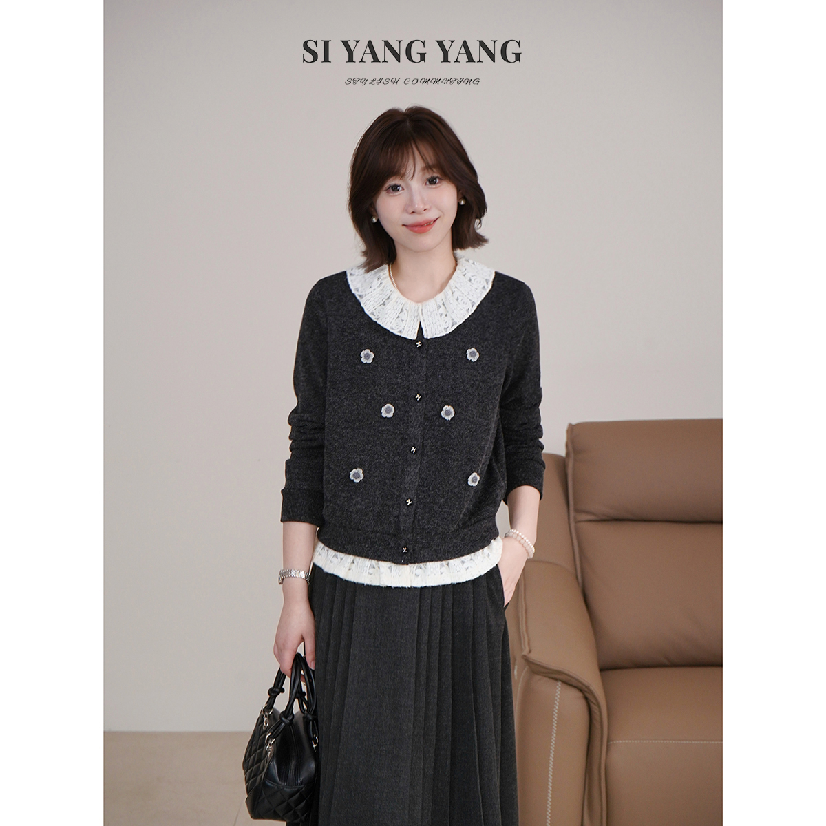 斯洋洋SIYANG女装混纺镂空蕾丝通勤假两件法式上衣SY509A125SYY