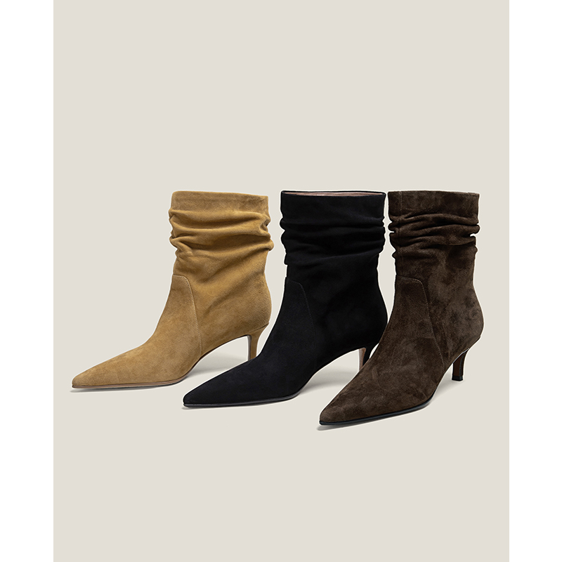 Shoemaker Queen细跟尖头短靴女高跟冬季加绒褶皱瘦瘦靴子