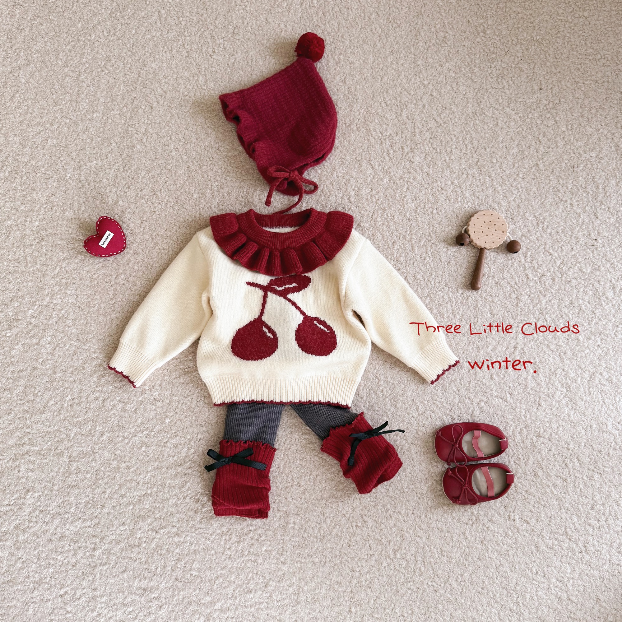 三小朵2770【樱桃毛衣】婴幼儿宝宝女童冬可爱加厚加绒毛衣套装