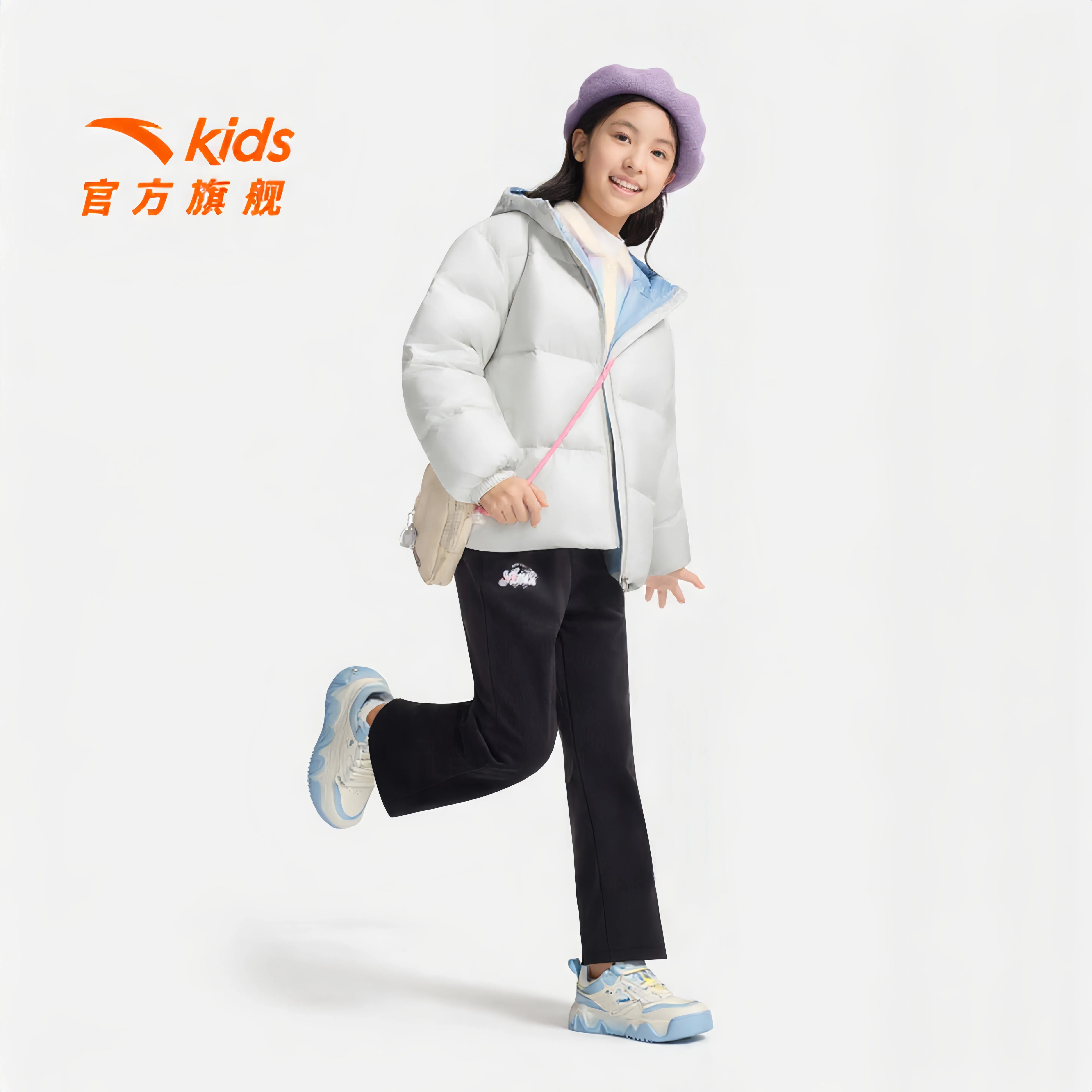 【雪团团】安踏儿童女大童加厚时尚保暖冬季连帽拉链鸭绒泡芙羽绒服