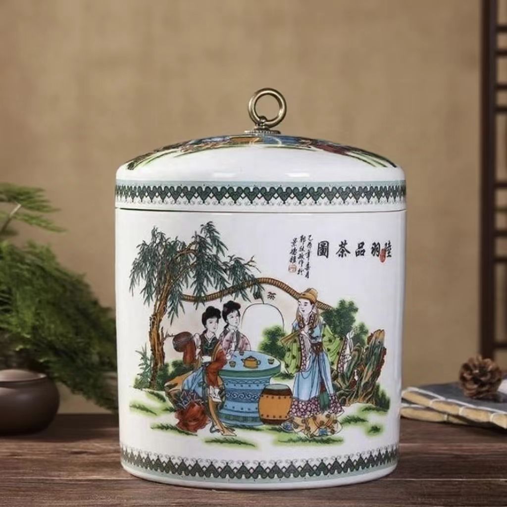 高度26肚径21景德镇陶瓷陆羽品茶图大米缸10斤装
