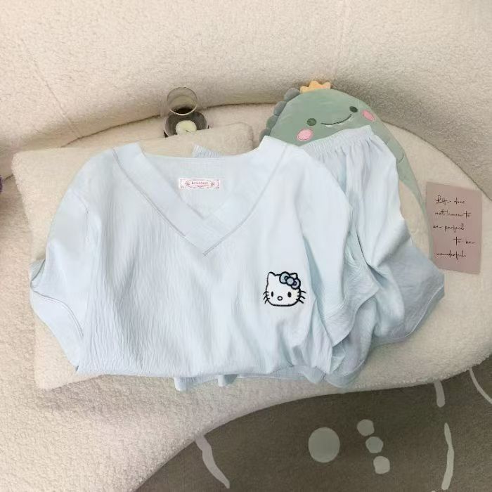 B920浅蓝卡通头V领双短家居套装