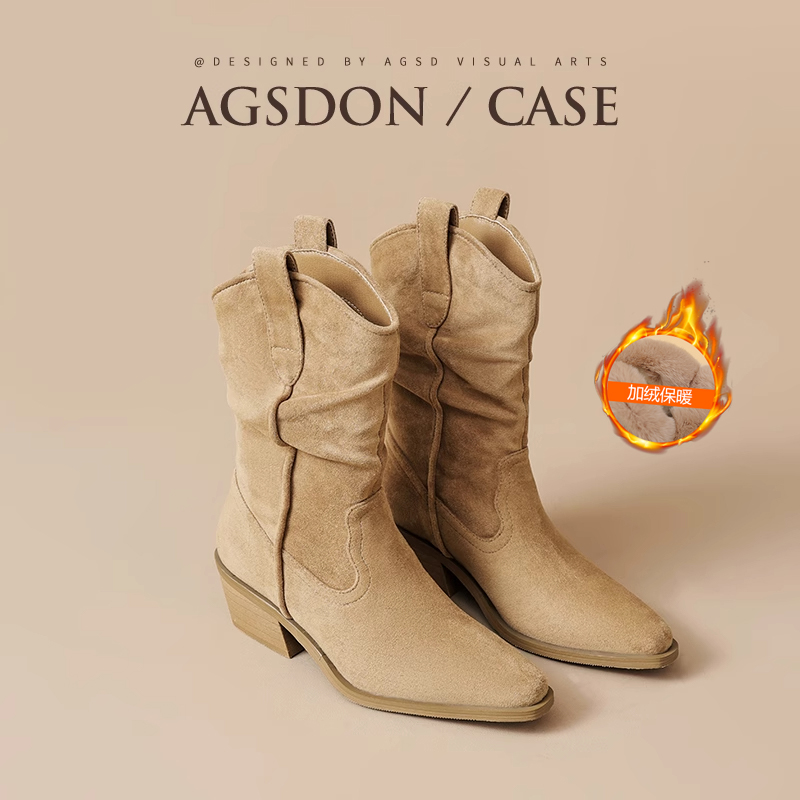 奥古狮登棕色短靴女2025新款秋季美拉德加绒堆堆西部靴骑士马丁靴