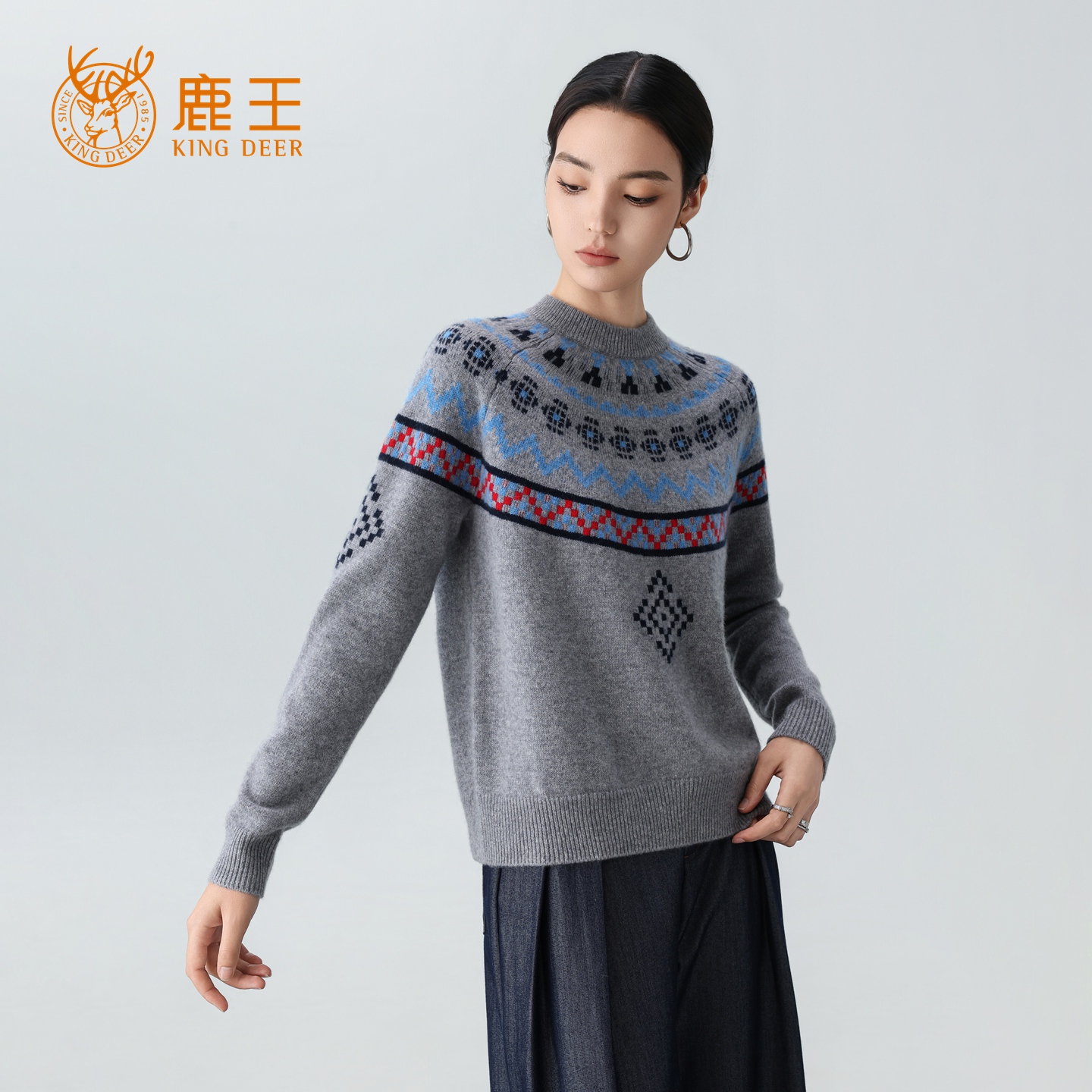 【专柜新品】鹿王女圆领100山羊绒时尚提花套衫 加厚 912519323