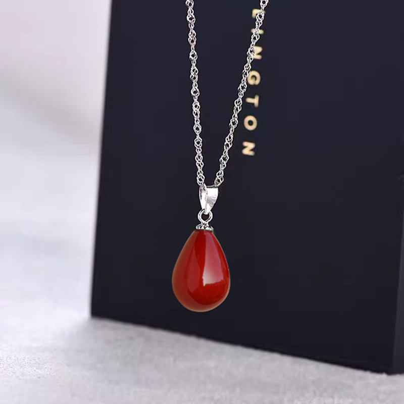 吊坠925银 珍珠水滴吊坠喜庆中国红吊坠s925纯银项链锁骨链女