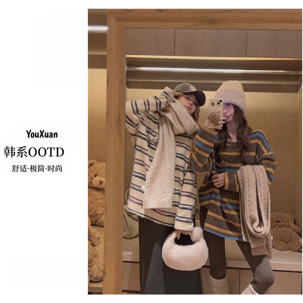 YOUXUAN-[撞线韩风]2025秋冬韩系磨毛双面撞色条纹拼色T恤X-5723