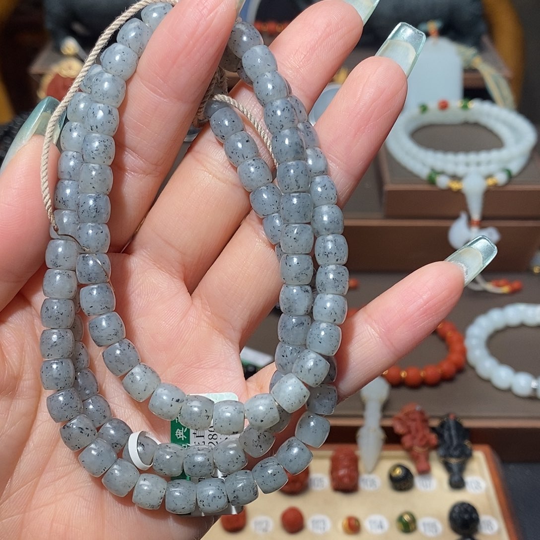 和田玉（碧玉）未镶嵌手链108青花点墨直切6mm+