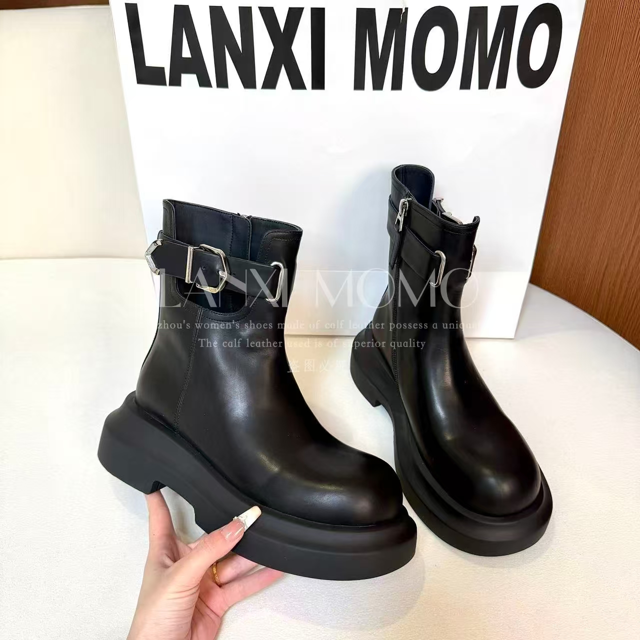 【若家】时尚百搭黑色厚底英伦风秋冬圆头短靴25XZ806LX