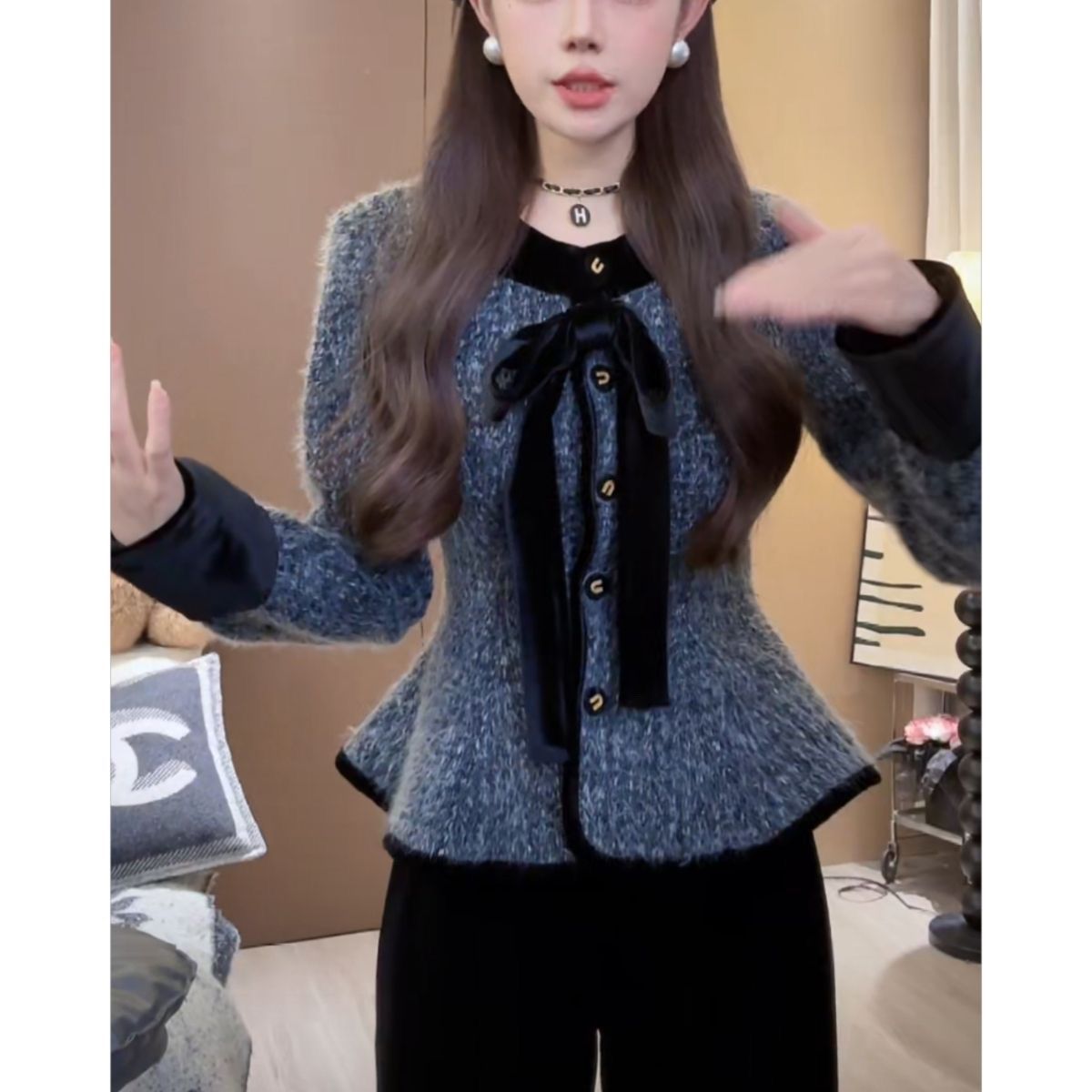 669-0小香风蕾丝边仿貂毛外套女秋冬新款法式甜美百搭保暖毛上衣