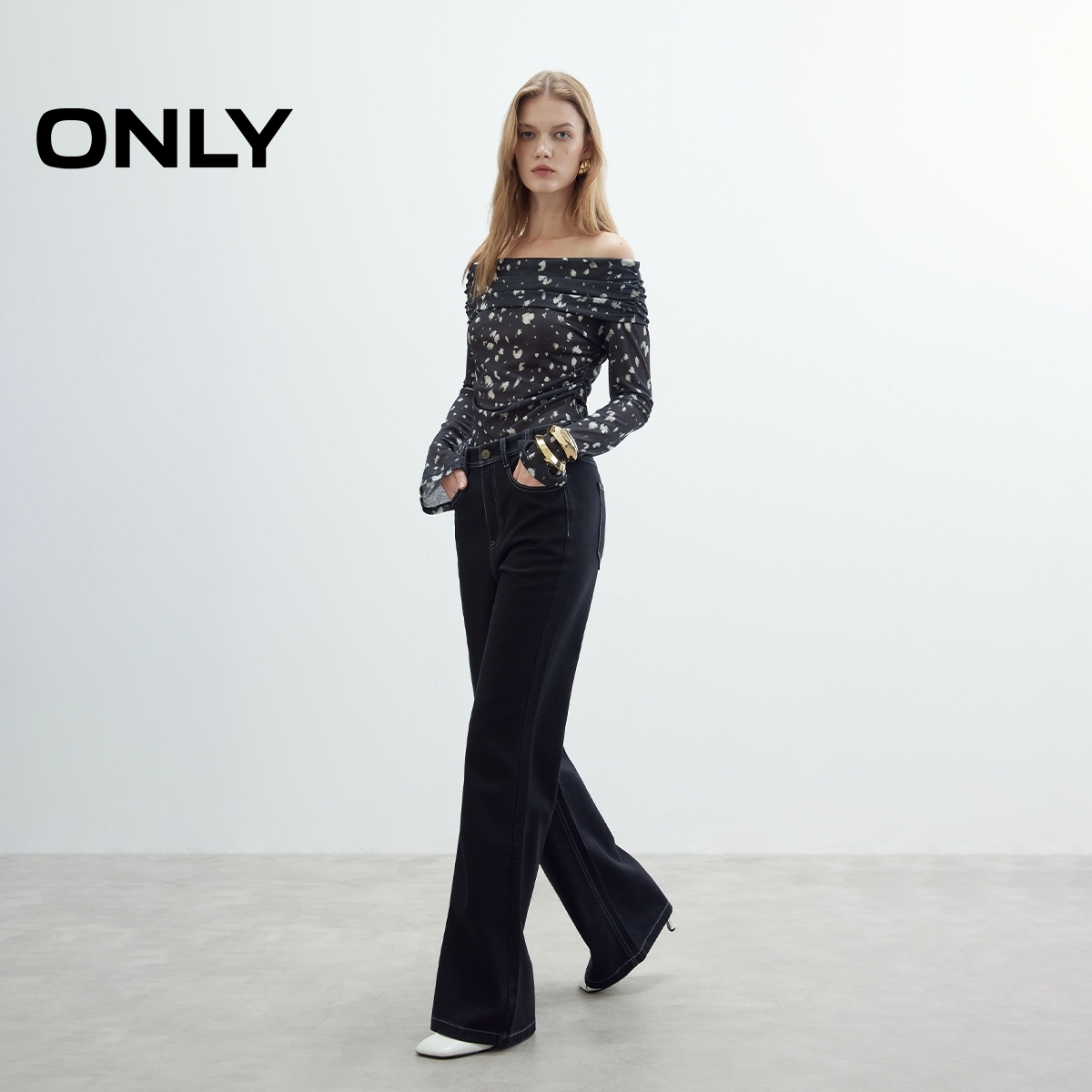 ONLY2025秋季新款个性撞色毛边高腰喇叭裤长裤牛仔裤女|125332020