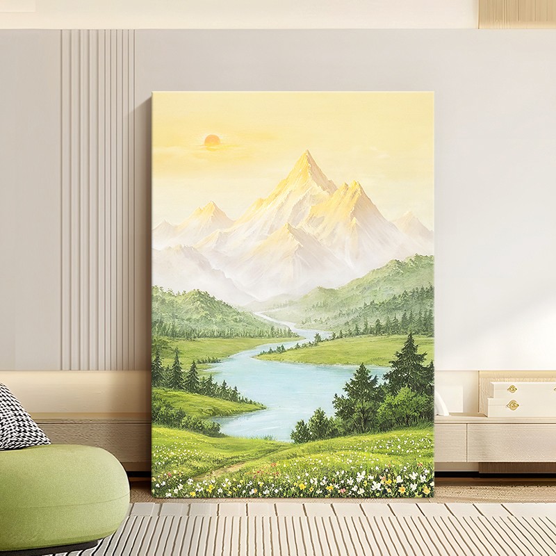 手绘油画奶油风玄关装饰画日照金山餐厅挂画走廊高山流水风景挂画