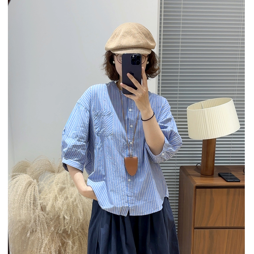 [蓝精灵]春夏季薄款圆领条纹显瘦龟背设计宽松拼接五分袖衬衫