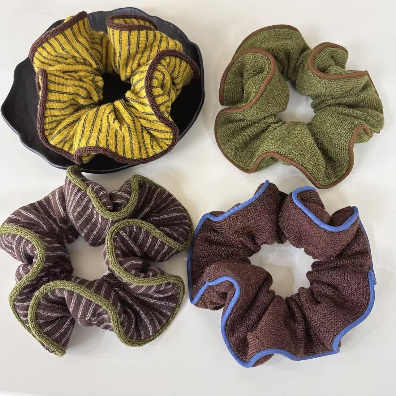 复古包边褶皱条纹针织大肠发圈韩式简约撞色马尾发圈丸子头绳发饰