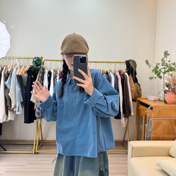 宽松显瘦百搭秋款长袖蓝色棉衬衫