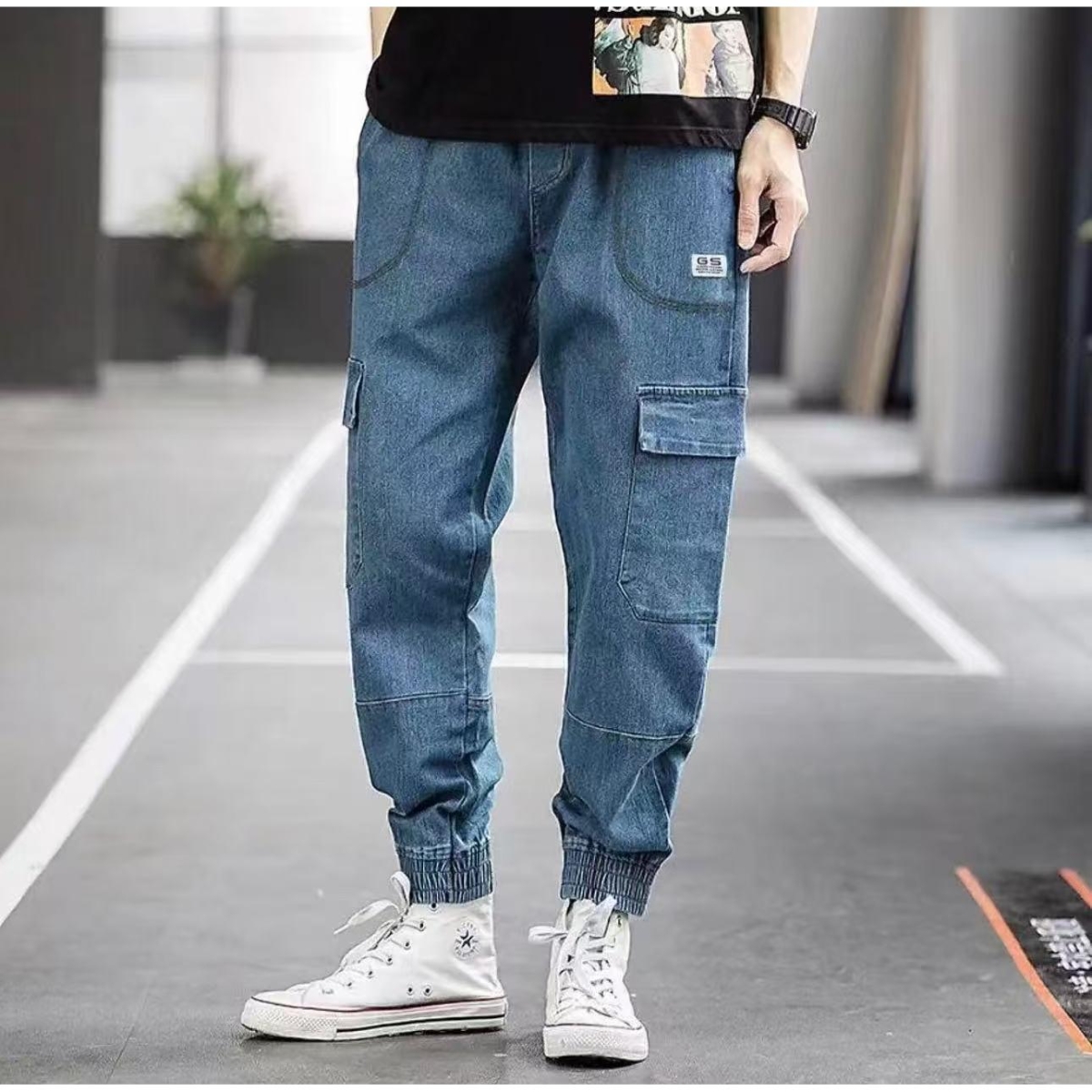 7057口袋工装牛仔裤男松紧腰百搭宽松运动束脚休闲九分裤潮