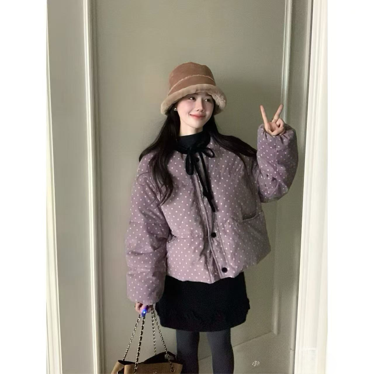 2025冬季韩系甜美蝴蝶结系带（灯芯绒面料）短款保暖小花羽绒服新款