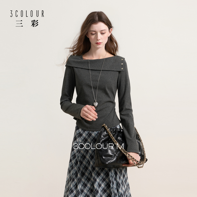 三彩2026春季新款长袖简约T恤套头上衣一字肩修身短款收腰M
