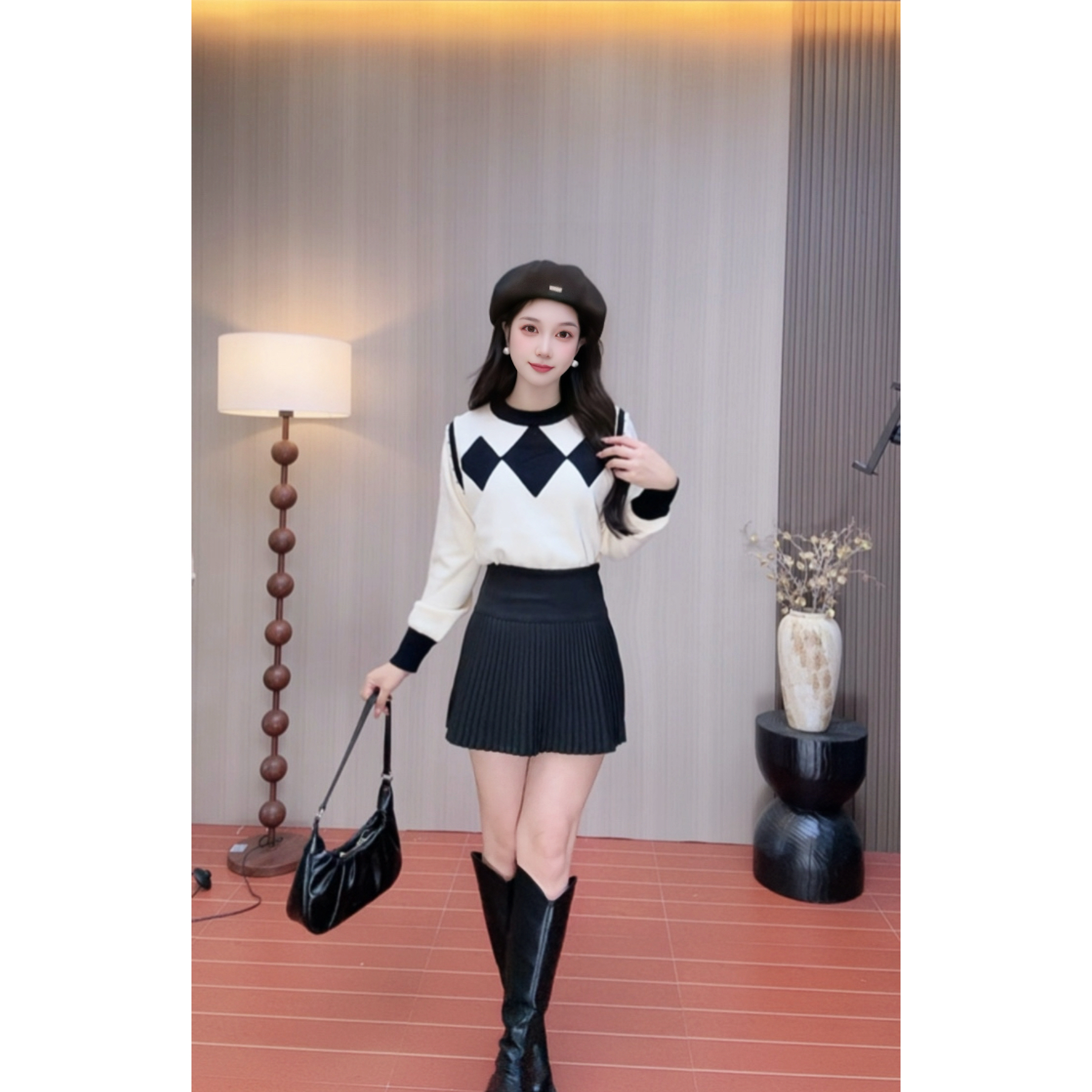 LiLi 设计感女秋冬2025新款拼接毛衣短裙菱格软糯外穿针织衫套装