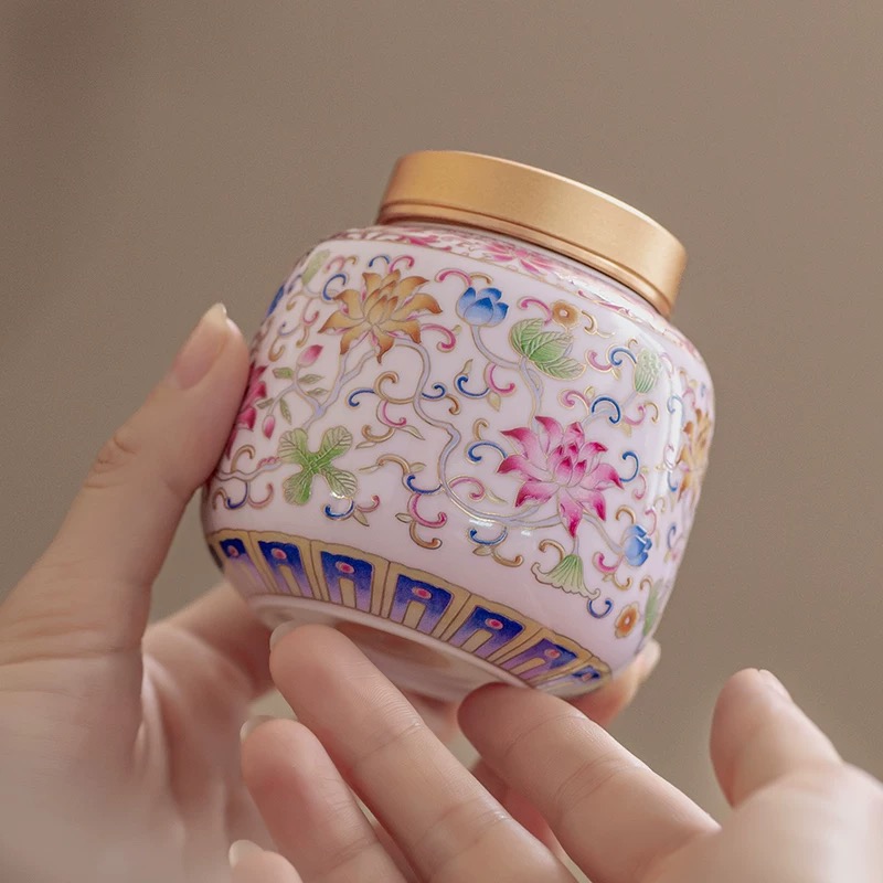 德化珐琅彩缠枝莲（粉）茶叶罐G102