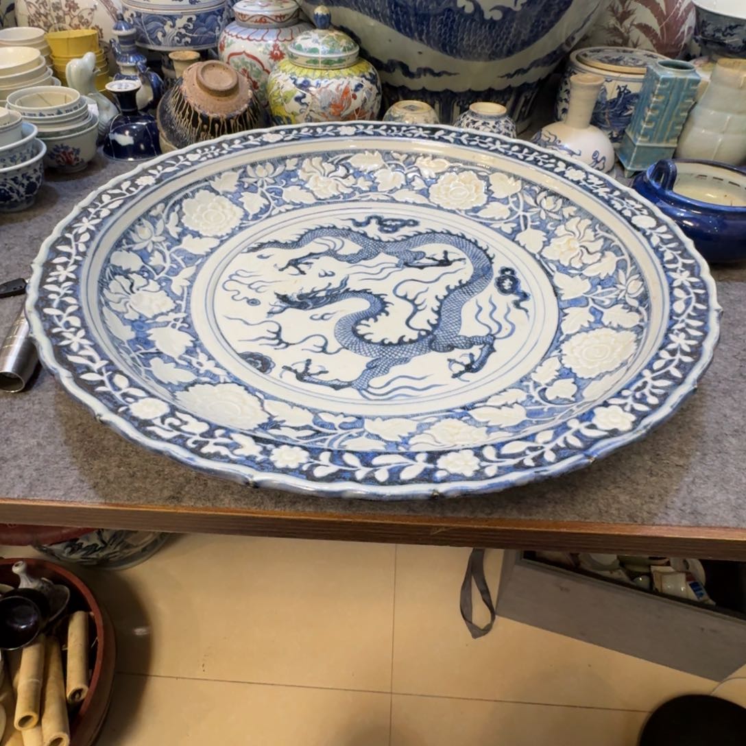 摆件美****观陶瓷工艺品摆件青花龙纹大盘