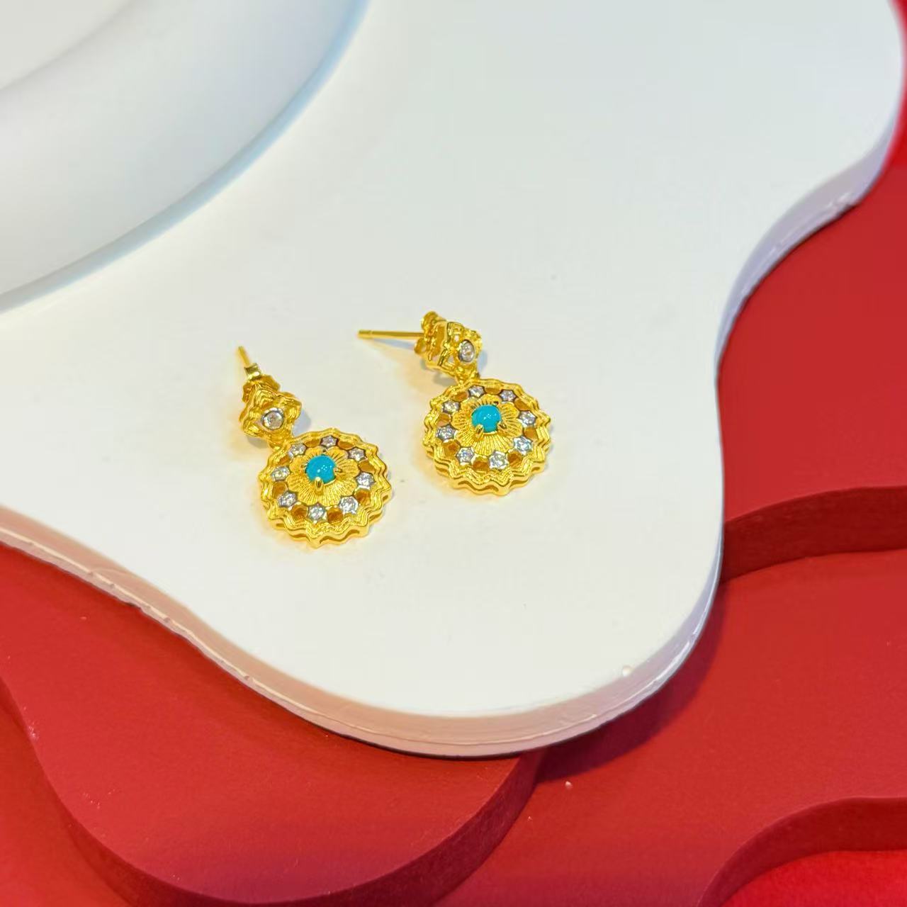 S925银镶嵌绿松海星太阳花耳坠HNZ11535