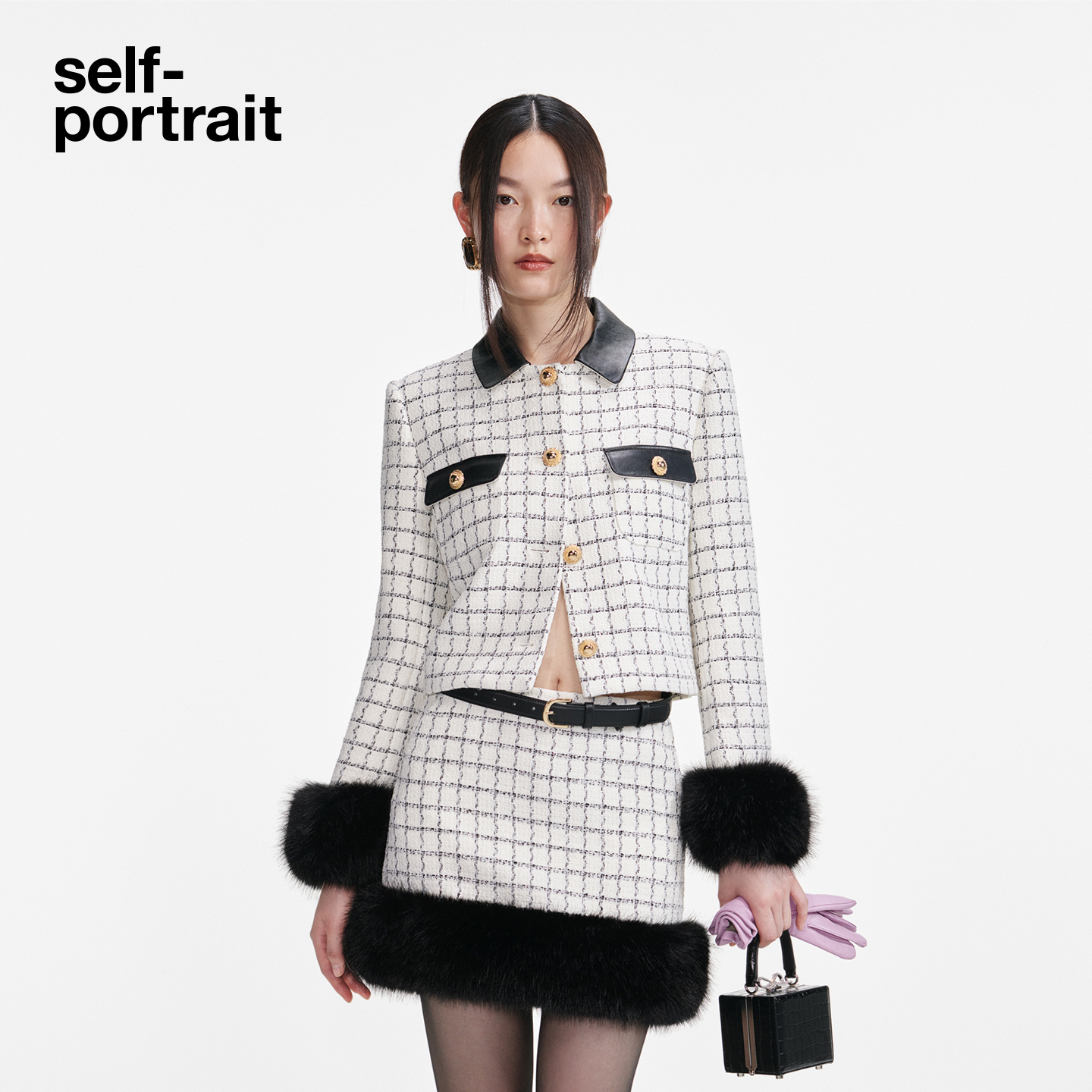 self-portrait 2025秋冬新款白格子可拆卸毛绒袖粗花呢翻领短外套
