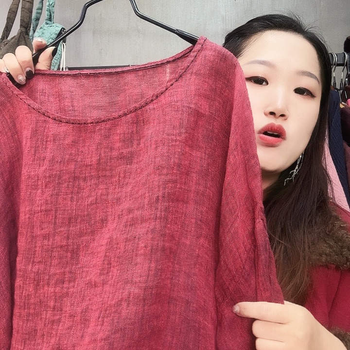 禾***生0517红色亚麻上衣不退焕