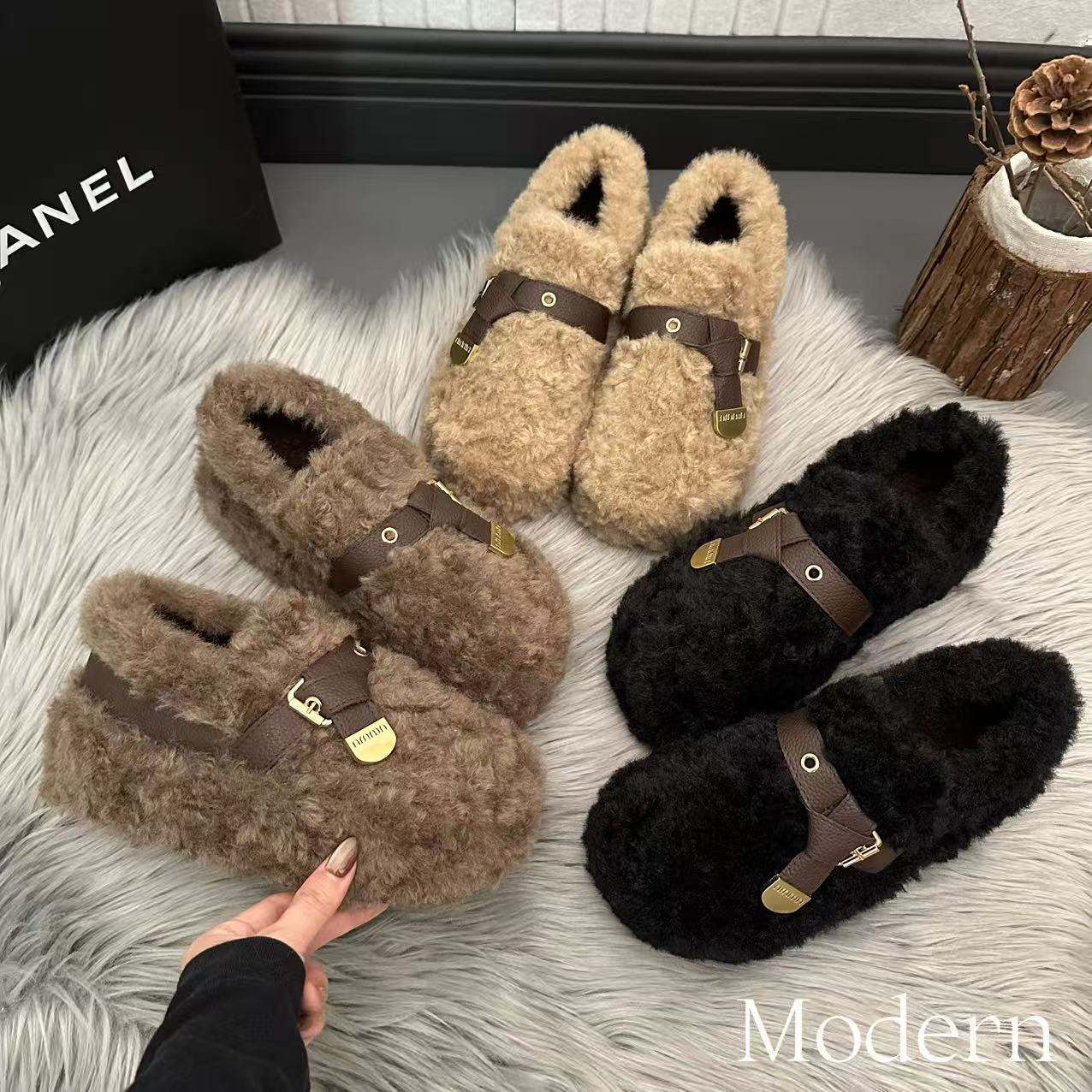 厚底金属皮带扣增高一脚蹬加绒毛毛鞋外穿2025秋冬新气质百搭棉鞋