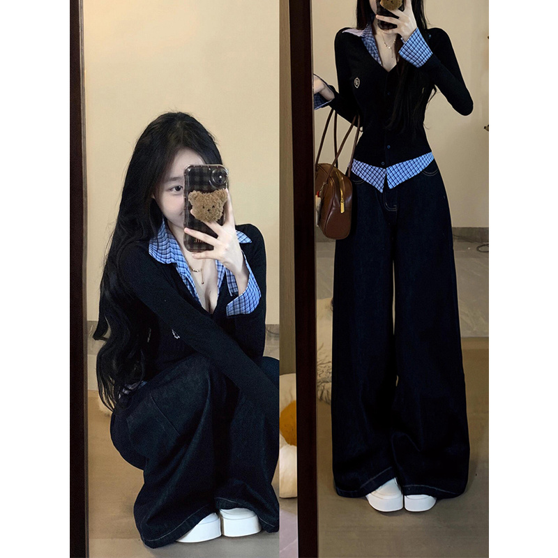 纯欲韩系格纹假两件polo领正肩长袖t恤上衣复古阔腿牛仔裤套装女