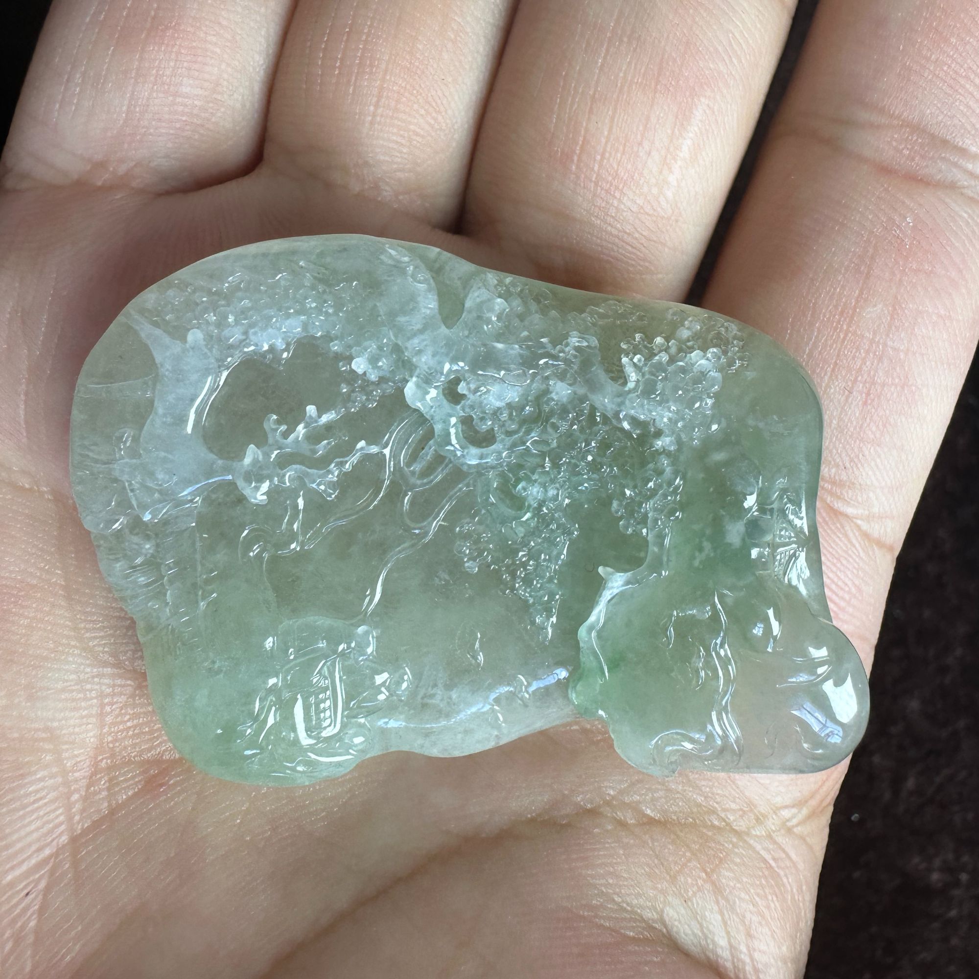 萃石尚翡翠冰种山水牌雕刻精雕飘绿巧雕俏色喜上眉梢