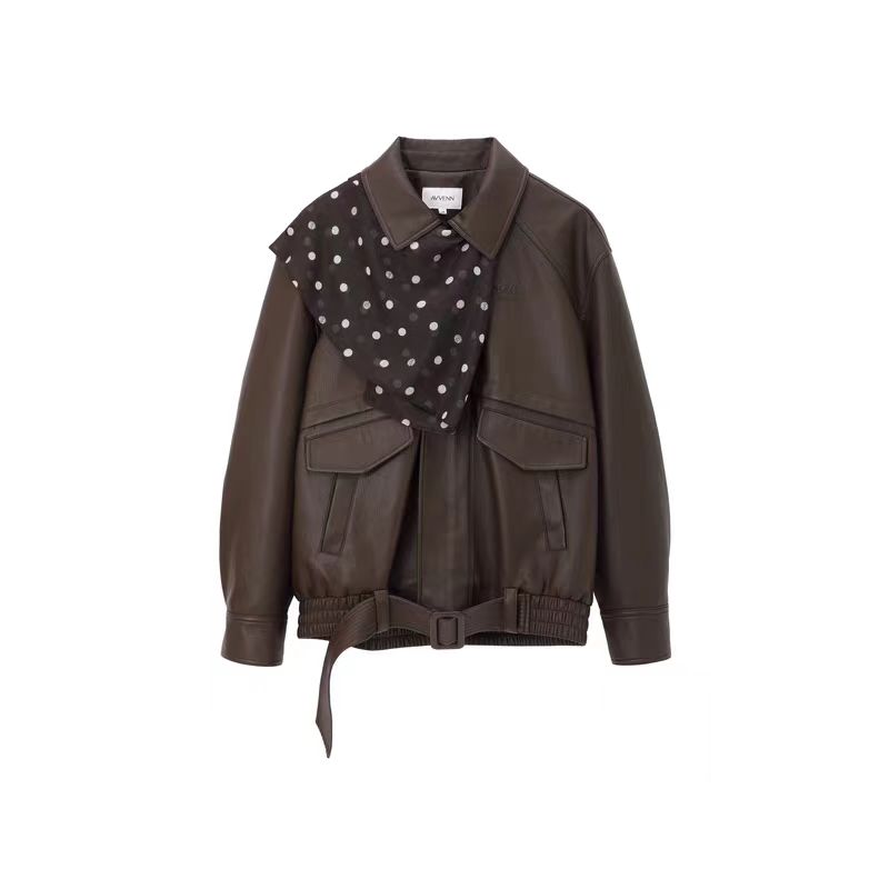 【AVVENN】设计师品牌26新春新品波点丝巾皮夹克外套10105545