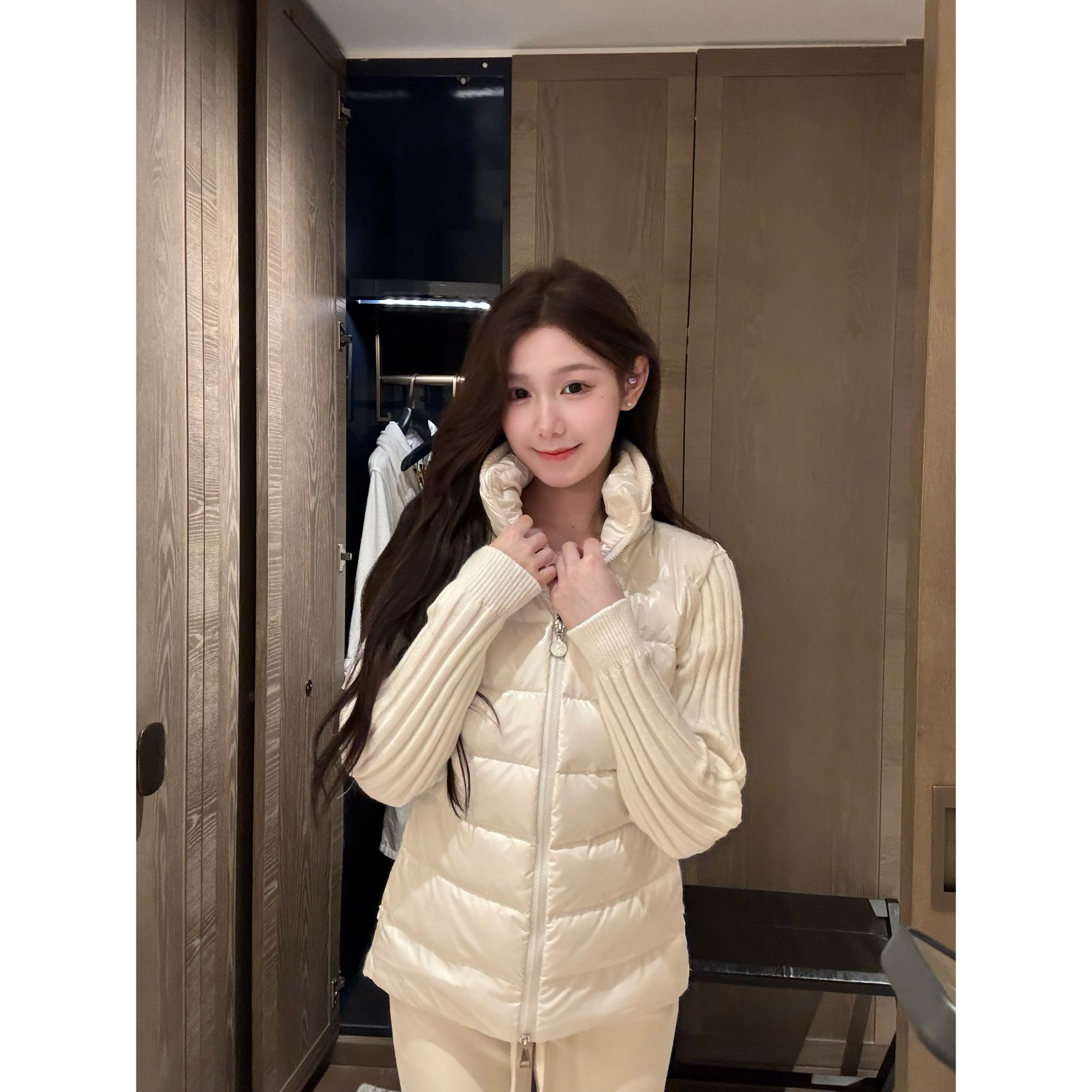【Meng服饰】美式经典休闲立领徽标针织拼接羽绒外套